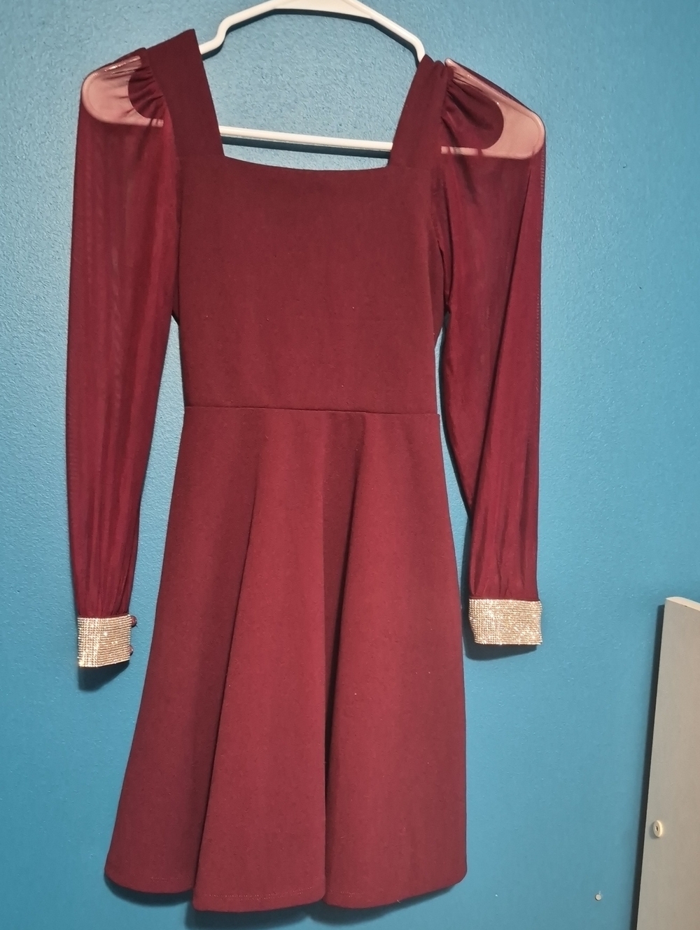 Women's Burgundy Mesh Sleeve Dress